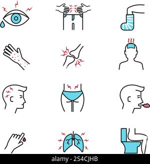 Malattie e malattie sintomi vettori delineano icone con elementi piatti. Malattie e malattie sintomi vettori delineano icone con elementi piatti. Sintomo di diagnosi e malattia malsana influenza, sintomo di malattie illustrazione Illustrazione Vettoriale