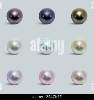 Set vettoriale di perle realistiche con colori diversi. Set vettoriale di perle realistiche con colori diversi. Perla preziosa in forma sferica. Pearl è un'illustrazione di lusso in pietra lucida Illustrazione Vettoriale