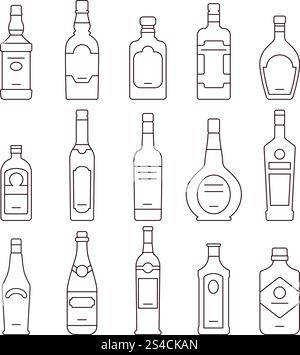 Bottiglie per bevande alcoliche tipi di icone vettoriali impostati. Bottiglie per bevande alcoliche. Tipi di bottiglie con contorno alcolico, set di icone bottiglie illustrazione vettoriale Illustrazione Vettoriale
