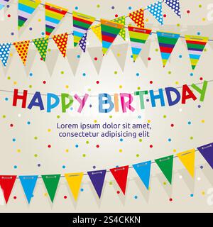 Poster vettoriale della festa di compleanno con ghirlande colorate e luminose. Poster vettoriale della festa di compleanno con ghirlande colorate e luminose. Banner di compleanno con coriandoli, ghirlande per la festa di compleanno Illustrazione Vettoriale