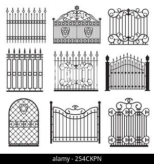 Silhouette nere decorative di recinzioni con set vettoriale di gate. Silhouette nere decorative di recinzioni con set vettoriale di gate. Illustrazione della struttura a reticolo dell'architettura decorativa Illustrazione Vettoriale