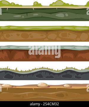 Terreno e erba senza cuciture per il set di livelli vettoriali di gioco dell'interfaccia utente. Terreno e erba senza cuciture per il set di livelli vettoriali di gioco dell'interfaccia utente. Livello di cartone animato senza fine per gui con illustrazione in pietra e prato verde Illustrazione Vettoriale