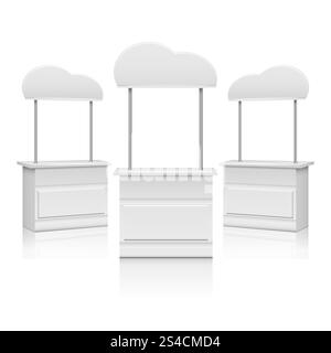 Illustrazione vettoriale del trade stand della promozione bianca. Stand promozionale bianco. Contatore mockup vuoto, illustrazione vettoriale Illustrazione Vettoriale