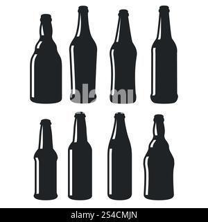 Bottiglie di birra forme diverse icone vettoriali nere. Bottiglie di birra forme diverse icone vettoriali nere. Illustrazione del design della collezione di bottiglie Illustrazione Vettoriale