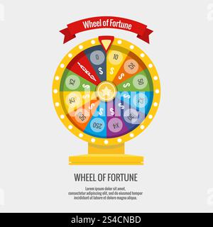 Ruota a rotazione Fortune in stile vettoriale piatto. Concetto di gioco d'azzardo. Ruota a rotazione Fortune in stile vettoriale piatto. Concetto di gioco d'azzardo, vinci il jackpot nell'illustrazione del casinò Illustrazione Vettoriale