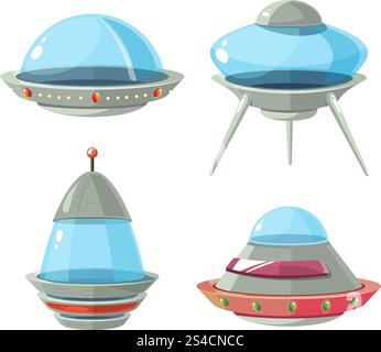 Cartoon alieno, astronavi spaziali e set di vettori ufo. Cartoon alieno, astronavi spaziali e set di vettori ufo. Nave cosmica sotto forma di piattino per illustrazione del trasporto Illustrazione Vettoriale