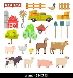 Elementi di un allevamento di cartoni animati, animali, edilizia, attrezzi, alberi, macchine agricole. Elementi di allevamento di cartoni animati, animali e attrezzi, alberi e macchinari agricoli. Frutta e mulino a vento, illustrazione di edifici agricoli Illustrazione Vettoriale