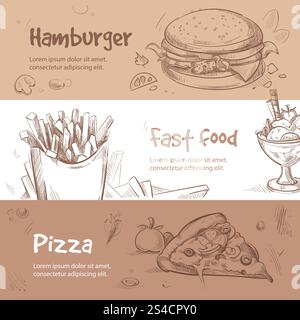 Striscioni vettoriali di fast food disegnati a mano. Striscioni vettoriali di fast food disegnati a mano. Bannner fast food e pizza per il menu, colazione illustrativa fast food Illustrazione Vettoriale