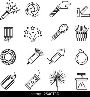 Dinamite del festival, fuochi d'artificio, scintille natalizie, icone di linee pirotecniche. Set di linee di icone pirotecniche, illustrazione di dinamite, razzo e detonatore. Dinamite del festival, fuochi d'artificio, scintille natalizie, icone di linee pirotecniche Illustrazione Vettoriale