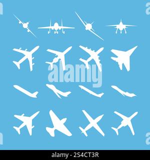 Set di icone vettoriali di aerei diversi. Icone vettoriali di diversi aerei. Set di silhouette bianche per aeroplani su sfondo blu. Illustrazione del vettore di trasporto aereo Illustrazione Vettoriale