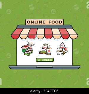 Concetto vettoriale di acquisto online di generi alimentari in uno stile lineare e alla moda. Concetto vettoriale di acquisto online di generi alimentari in uno stile lineare e alla moda. Illustrazione di gelato e sushi, hamburger e torta Illustrazione Vettoriale