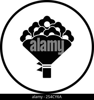 Bouquet di fiori icona con legato prua. Cerchio sottile design. Illustrazione Vettoriale. Illustrazione Vettoriale