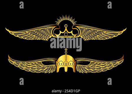 Set di corone alate dorate loghi sfondo nero. Illustrazione della collezione Royal banner Elegance. Set di corone alate dorate loghi sfondo nero Illustrazione Vettoriale
