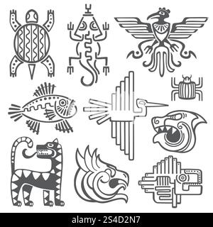 aztechi storici, simboli vettoriali inca, tempio maya, segni di cultura nativa americana. Tatuaggio antiche tribù sotto forma di illustrazione astratta di animali. aztechi storici, simboli vettoriali inca, tempio maya, segni di cultura nativa americana Illustrazione Vettoriale