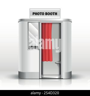 Cabina fotografica, chiosco digitale per foto del passaporto, illustrazione vettoriale per foto di matrimonio di famiglia. Chiosco per la fotografia automatica. Cabina con cabina fotografica, chiosco digitale per passaporto, illustrazione vettoriale per matrimoni in famiglia Illustrazione Vettoriale