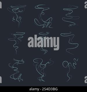 Icone di aroma, tracce di vapore, vapore, odori, vettori di odori. Linea di fumo dal fuoco, estinta, set illustrativo di fumo tossico lineare. Icone di aroma, tracce di vapore, vapore, odori, vettori di odori Illustrazione Vettoriale