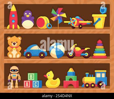 Giocattoli per bambini sugli scaffali dei negozi di legno. Giocattoli nel robot da scaffale e nella motocicletta, giocattoli per bambini, anatra e orsacchiotto. Giocattoli per bambini sugli scaffali dei negozi di legno Illustrazione Vettoriale