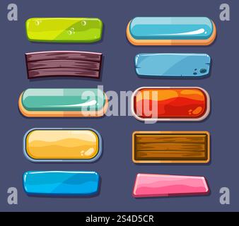 Opzioni finestre di selezione, pannello opzioni impostazioni vettoriali per l'interfaccia utente dei giochi per computer. Cartone animato per interfaccia menu, colore pannello per illustrazione di progettazione Web. Opzioni finestre di selezione, impostazioni pannello vettoriale impostato per l'interfaccia utente di giochi per computer Illustrazione Vettoriale