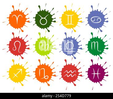 Set di segni vettoriali di zodiaco gocce di vernice colorata. Simbolo zodiacale sull'illustrazione della vernice a spruzzo. Set di segni vettoriali di zodiaco gocce di vernice colorata Illustrazione Vettoriale