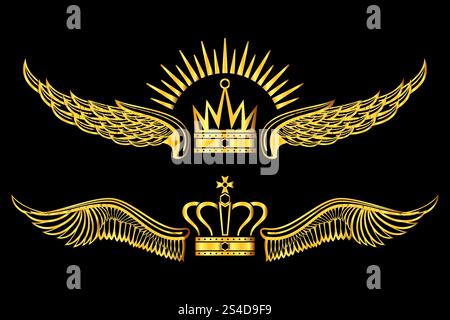 Set di corone alate dorate loghi sfondo nero. Emblema reale di lusso dorato. Illustrazione vettoriale. Set di corone alate dorate loghi sfondo nero Illustrazione Vettoriale