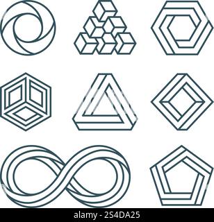 Forme impossibili linee sottili icone vettoriali minime impostate. Figura lineare impossibile per logo o emblema. Illustrazione della figura esagonale e rotonda. Forme impossibili linee sottili icone vettoriali minime impostate Illustrazione Vettoriale