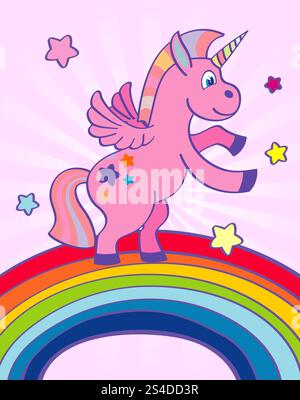 Unicorno rosa disegnato a mano che danza su un arcobaleno. Fantasia animale alla festa di compleanno. Illustrazione vettoriale. Arcobaleno unicorno rosa disegnato a mano Illustrazione Vettoriale