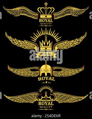Illustrazione dei modelli del logo di lusso Golden Vector Wing Crown di qualità reale. Logo Golden Vector Wing Crown Royal Illustrazione Vettoriale