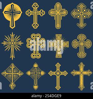 Icone vettoriali cattoliche gotiche, simbolo del cattolicesimo. Simbolo del cristianesimo religione, insieme di cristianesimo attraversa l'illustrazione. Icone vettoriali cattoliche gotiche, simbolo del cattolicesimo Illustrazione Vettoriale