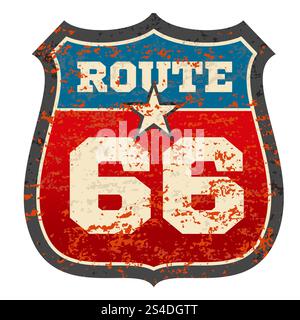 Cartello stradale vintage Route 66 con illustrazione vettoriale con trama grunge angosciata e arrugginita. Cartello stradale Route 66, cartello stradale. Cartello stradale vintage Route 66 con illustrazione vettoriale con trama grunge angosciata e arrugginita Illustrazione Vettoriale