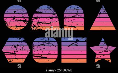 Set di tramonti retrò nello stile degli anni '80 e '90 Pacchetto artistico Sfondi retro Sunset Retrowave. Tramonti orizzontali con texture grunge. Illustrazione Vettoriale