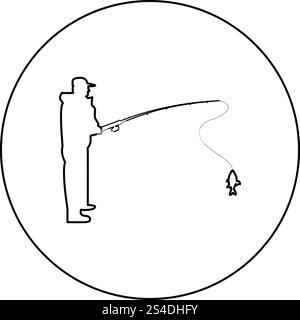 Icona del pescatore di colore nero in tondo tondo profilo illustrazione vettoriale Illustrazione Vettoriale