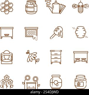 Set di icone vettoriali per miele, api e apicoltura. Illustrazione del pettine di miele e del miele di fattoria. Set di icone vettoriali per miele, api e apicoltura Illustrazione Vettoriale