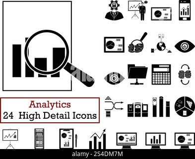 Set di 24 Analytics icone. Monocromatico Colore design. Illustrazione Vettoriale. Illustrazione Vettoriale