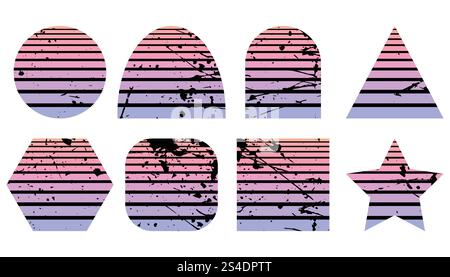 Set di tramonti retrò nello stile degli anni '80 e '90 Pacchetto artistico Sfondi retro Sunset Retrowave. Tramonti orizzontali con texture grunge. Illustrazione Vettoriale