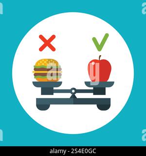 Dieta equilibrio alimentare, concetto vettore sano con mela e hamburger su bilancia. Hamburger o mela, illustrazione della mela rossa scelta e del fast food. Dieta equilibrio alimentare, concetto vettore sano con mela e hamburger su bilancia Illustrazione Vettoriale