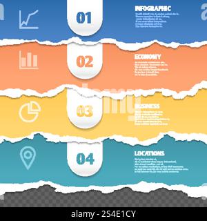 Strisce colorate di carta strappata, modello infografico vettoriale con testo e icone. Striscione strappato con informazioni, illustrazione di un cartone orizzontale grunge strappato. Strisce colorate di carta strappata, modello infografico vettoriale con testo e icone Illustrazione Vettoriale