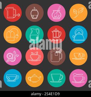 Set di icone vettoriali a linee sottili e colorate. Icona del tè a colori nell'illustrazione rotonda. Set di icone vettoriali a linee sottili e colorate Illustrazione Vettoriale