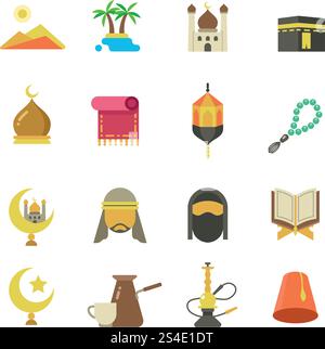 Icone vettoriali della cultura musulmana araba. Design arabo ramadan kareem Eid Mubarak per le vacanze. Icone musulmane arabe a colori, illustrazione dell'arabo orientale. Icone vettoriali della cultura musulmana araba. Design arabo ramadan kareem Eid Mubarak per le vacanze Illustrazione Vettoriale