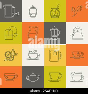 Set di icone vettoriali multicolore Tea sottile. Icone nell'illustrazione dello stile del contorno. Set di icone vettoriali multicolore della linea del tè Illustrazione Vettoriale