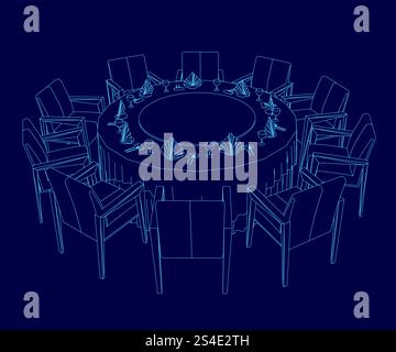 Disegno blu di un tavolo con molte sedie intorno. Le sedie sono disposte in cerchio e ci sono molti utensili e tovaglioli sul tavolo Illustrazione Vettoriale