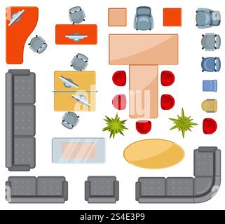 Vista dall'alto delle icone dei mobili per interni icone vettoriali piatte. Proiezione di un ufficio di planimetria architettonica, illustrazione di un ufficio che disegna gli interni. Vista dall'alto delle icone dei mobili per interni icone vettoriali piatte Illustrazione Vettoriale