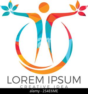 Logo di carattere umano segno di logo di assistenza sanitaria segno di logo. Design del logo Human and Leaf. Illustrazione Vettoriale