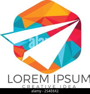 Design del logo del piano di carta. Concetto di tour, consegna, consegna dei messaggi, giocattolo fatto in casa, dirigibile, aereo di linea. isolato su sfondo bianco. Illustrazione Vettoriale