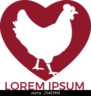 Logo vettoriale a forma di cuore di gallina. Logo, insegna, icona per alimentari, negozi di carne, macelleria, mercato agricolo. Illustrazione Vettoriale