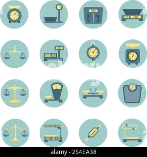 Bilance vintage, bilance elettroniche e meccaniche, icone vettoriali piatti per la misurazione del peso. Bilance per valigie o per uso medico, illustrazione precisa della misurazione della bilancia. Bilance vintage, bilance elettroniche e meccaniche, icone vettoriali piatti per la misurazione del peso Illustrazione Vettoriale