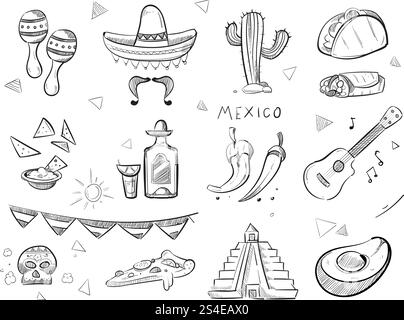 Cibo messicano Doodle, tequila, peperoncini rossi caldi, sombrero, chitarra, tacos, icone vettoriali disegnate a mano. Tequila e cibo messicani, illustrazione di uno schizzo di pepe messicano e chitarra. Cibo messicano Doodle, tequila, peperoncini rossi caldi, sombrero, chitarra, tacos, icone vettoriali disegnate a mano Illustrazione Vettoriale