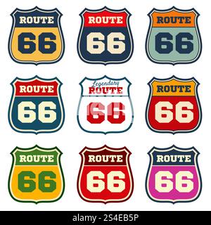 Route 66, emblemi vettoriali dell'autostrada americana d'epoca. Cartello autostradale per i trasporti, cartello stradale e emblema per l'illustrazione del viaggio. Route 66, emblemi vettoriali dell'autostrada americana d'epoca Illustrazione Vettoriale