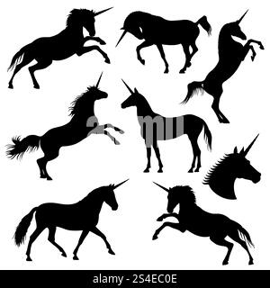 Mitiche silhouette nere vettoriali unicorno ribelli. Forma nera unicorno, illustrazione di unicorno fantasy cavallo. Mitiche silhouette nere vettoriali unicorno ribelli Illustrazione Vettoriale