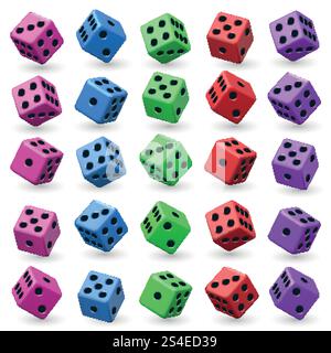 Gioco del set di vettori di dadi. cubo 3d con numeri per il gioco da tavolo del casinò. Set di dadi colorati per l'illustrazione del gioco. Gioco del set di vettori di dadi. cubo 3d con numeri per il gioco da tavolo del casinò Illustrazione Vettoriale