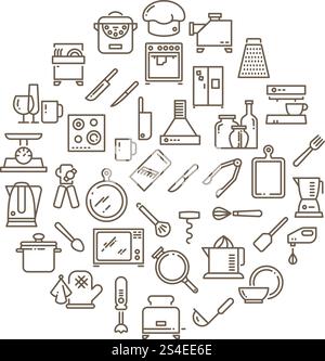 Le icone della cucina per cucinare il cibo. Design di utensili da cucina grafica lineare, apripista e bollitore. Illustrazione vettoriale. Le icone della cucina per cucinare il cibo Illustrazione Vettoriale